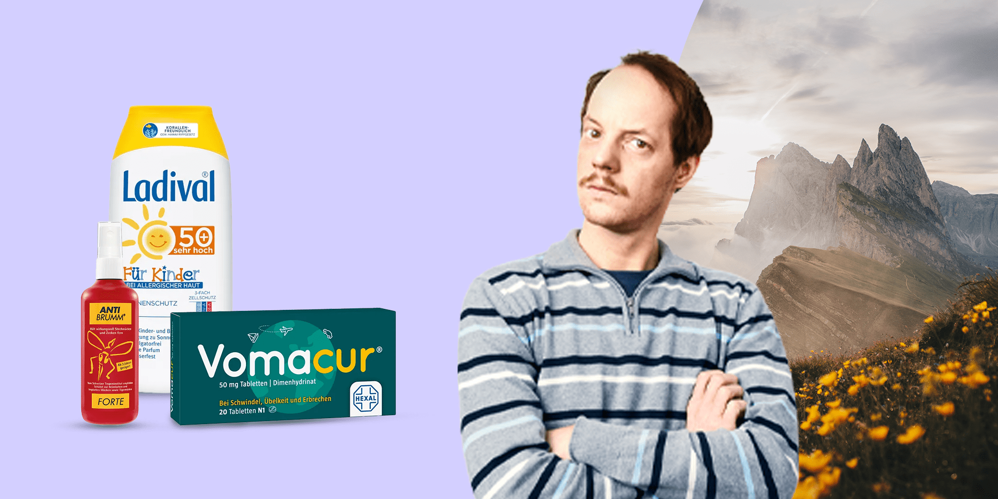Mann mit Medikamenten vor Bergkulisse